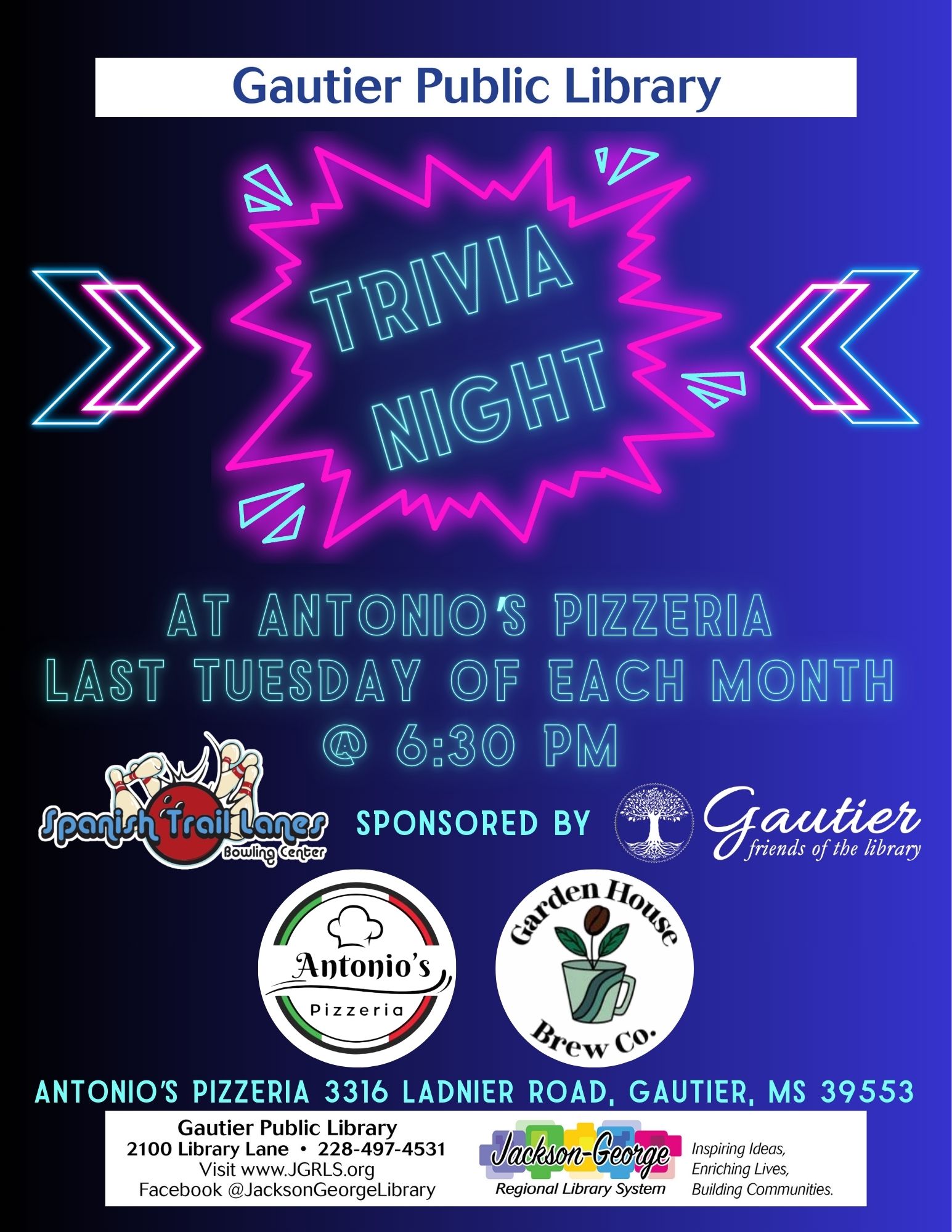 Gautier Public Library Hosts Monthly Trivia Night at Antonio’s Pizzeria - last Tuesday of each month