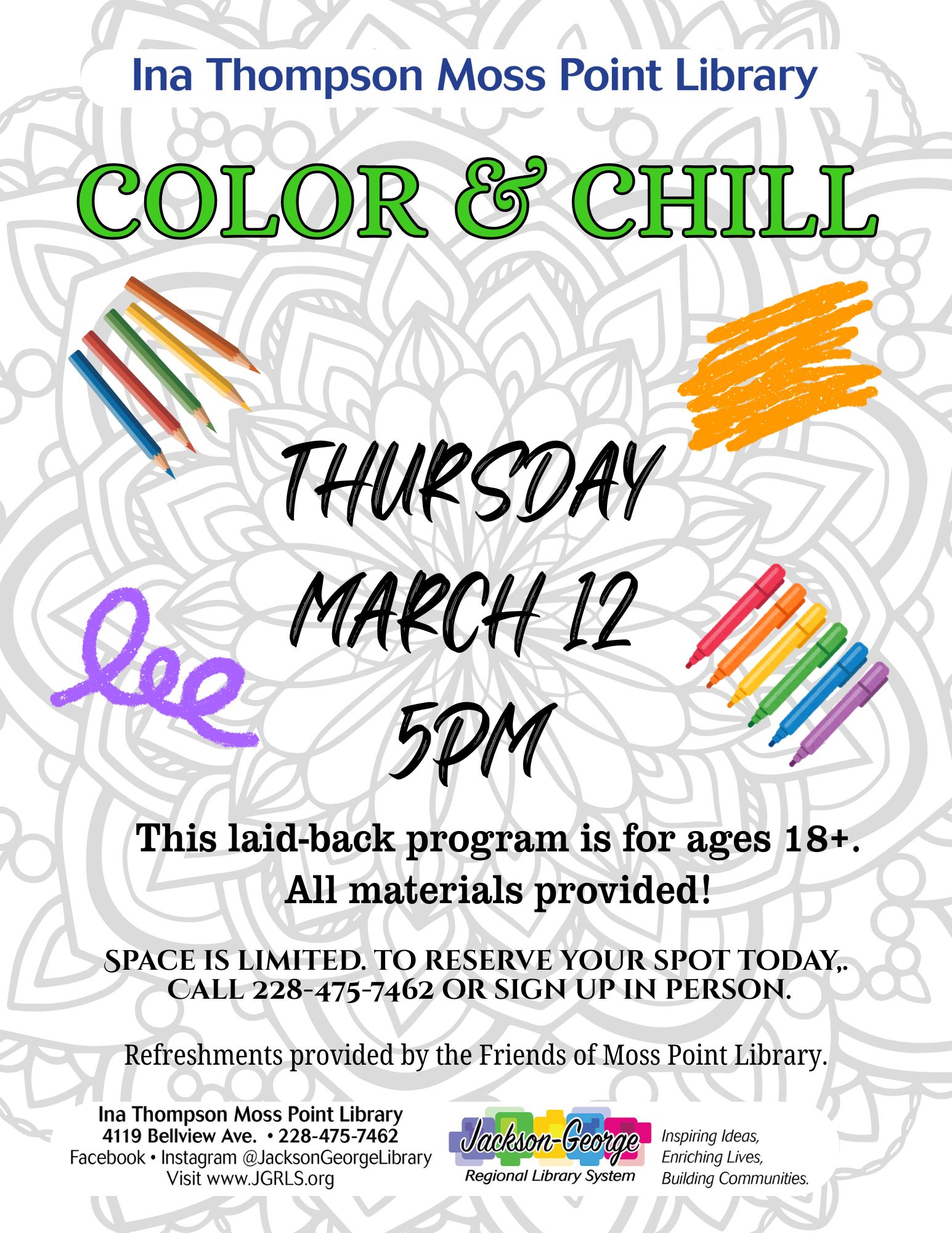 Ina Thompson Moss Point Library Hosts “Color & Chill” for Adults