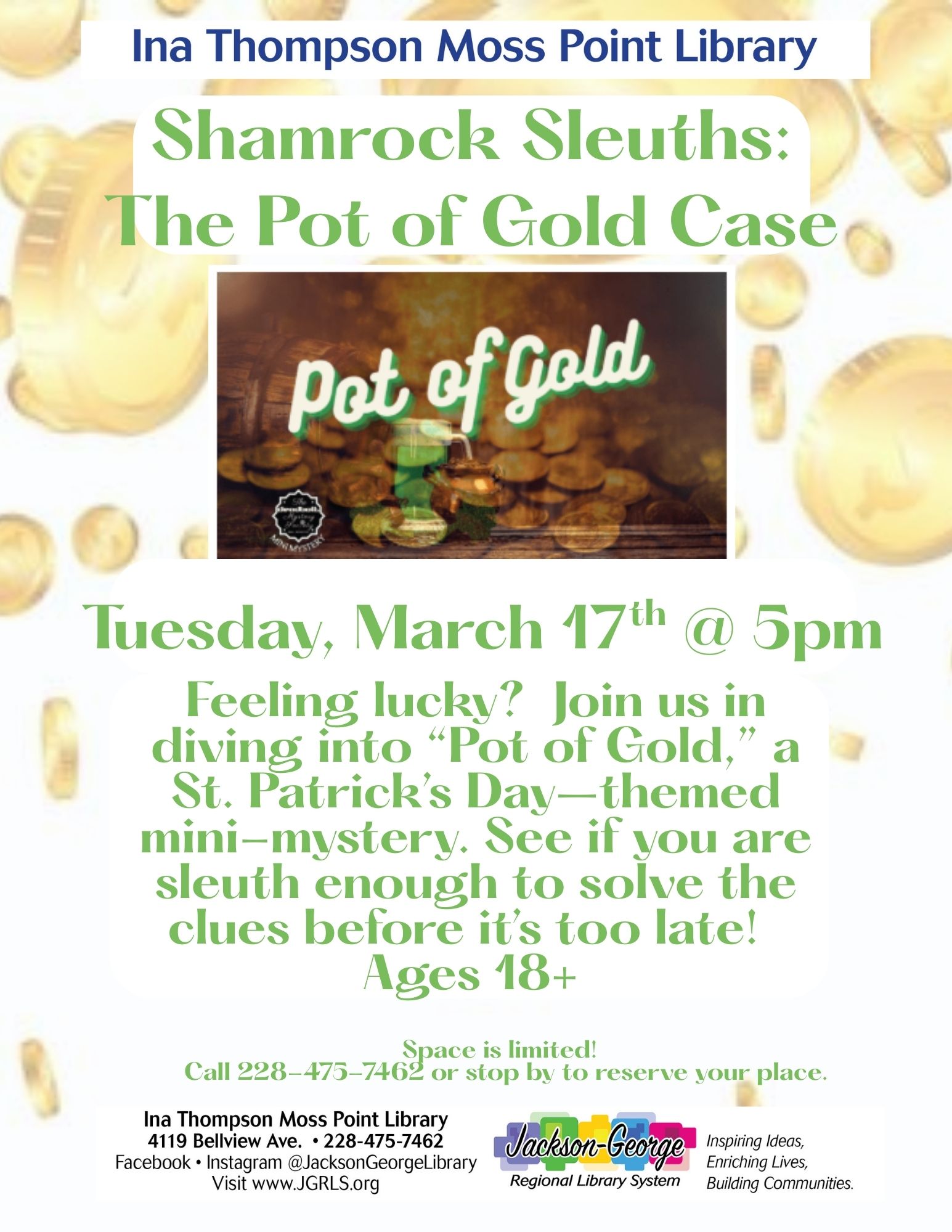 Ina Thompson Moss Point Library Hosts St. Patrick’s Day Mini-Mystery for Adults